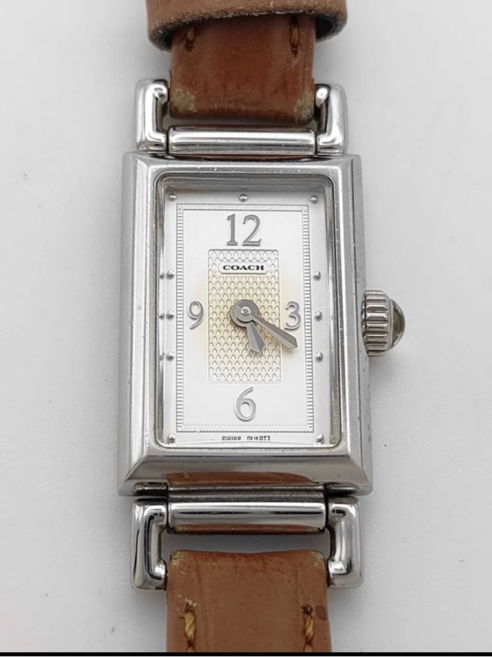 Vintage Coach Rectangular Silver Case Watch with Tan Leather Strap